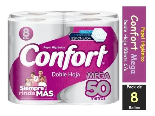 Papel Higiénico Confort Mega 50m Doble Hoja 8 Rollos